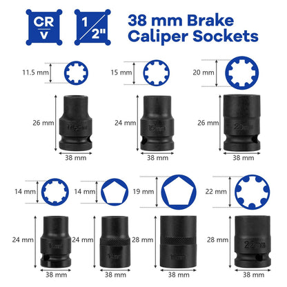 16pcs Impact Brake Caliper Socket Set with Engines and Hubs of Most Car Brands-Orange