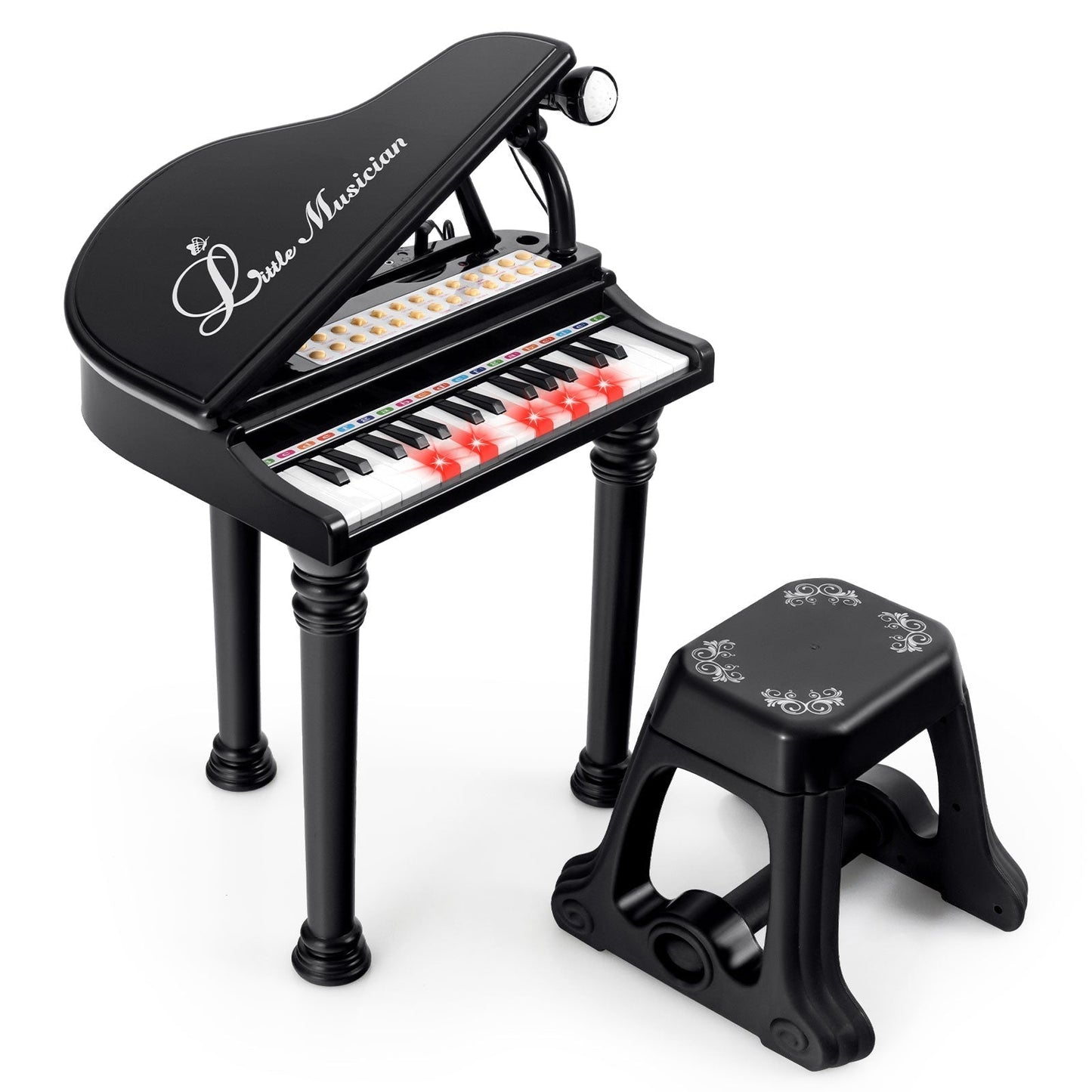 31 Keys Kids Piano Keyboard with Stool, Microphone and Piano Lid-Black