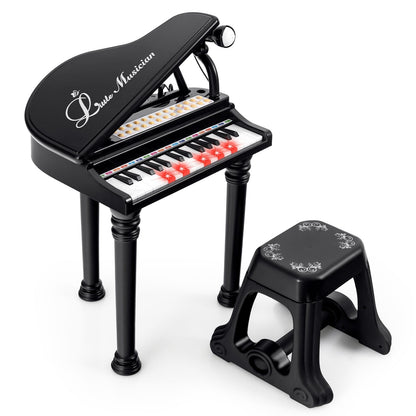 31 Keys Kids Piano Keyboard with Stool, Microphone and Piano Lid-Black