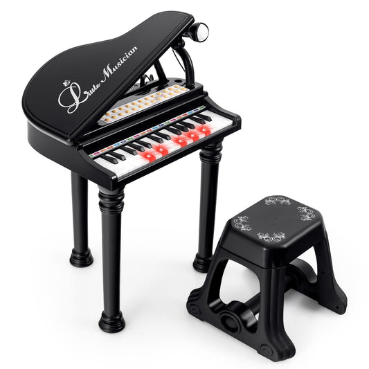 31 Keys Kids Piano Keyboard with Stool, Microphone and Piano Lid-Black