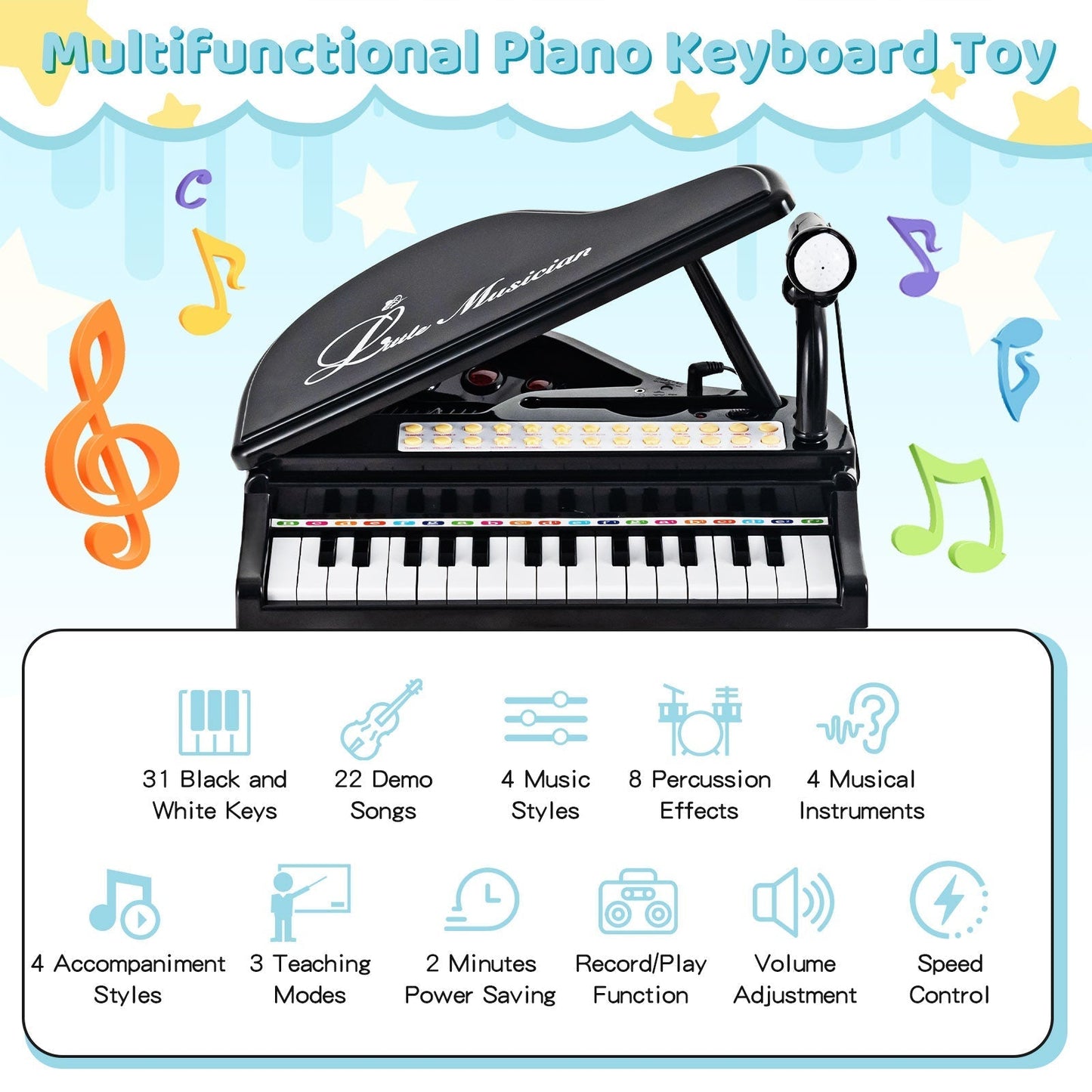 31 Keys Kids Piano Keyboard with Stool, Microphone and Piano Lid-Black