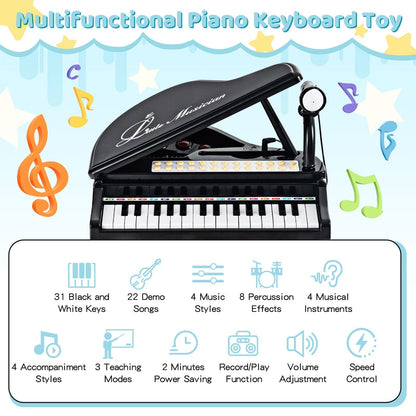 31 Keys Kids Piano Keyboard with Stool, Microphone and Piano Lid-Black