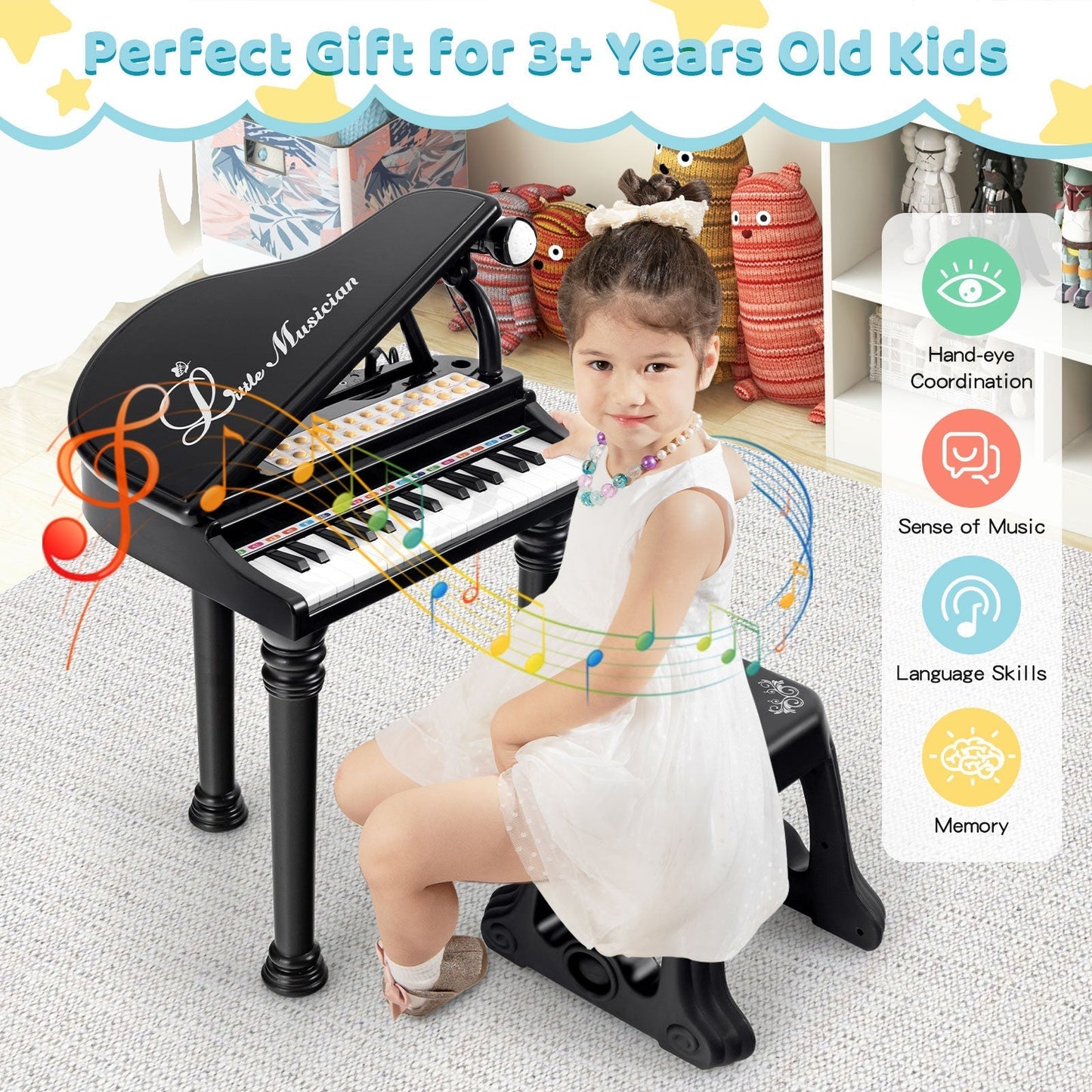 31 Keys Kids Piano Keyboard with Stool, Microphone and Piano Lid-Black