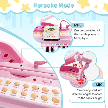 31 Keys Kids Piano Keyboard with Stool, Microphone and Piano Lid-Pink