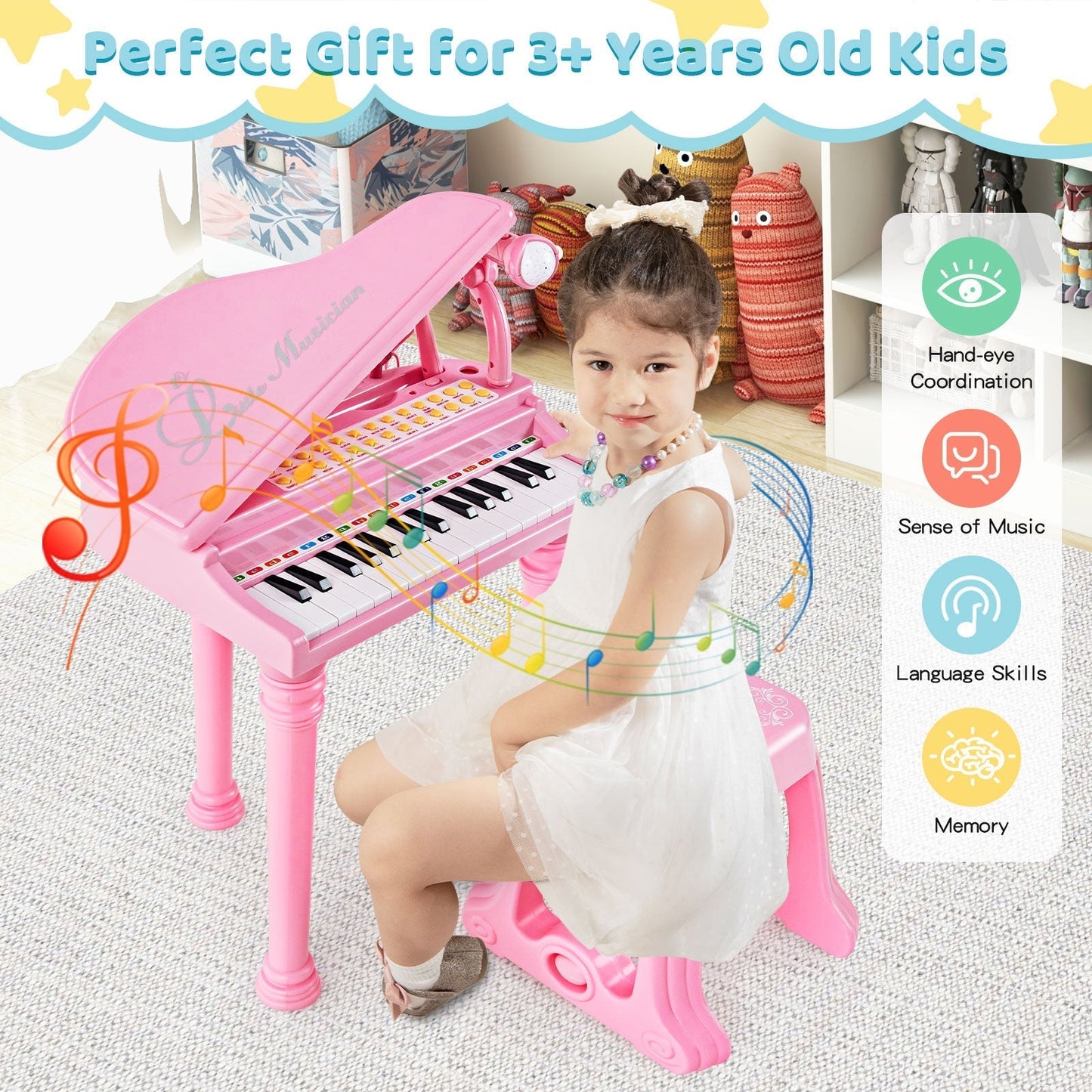 31 Keys Kids Piano Keyboard with Stool, Microphone and Piano Lid-Pink