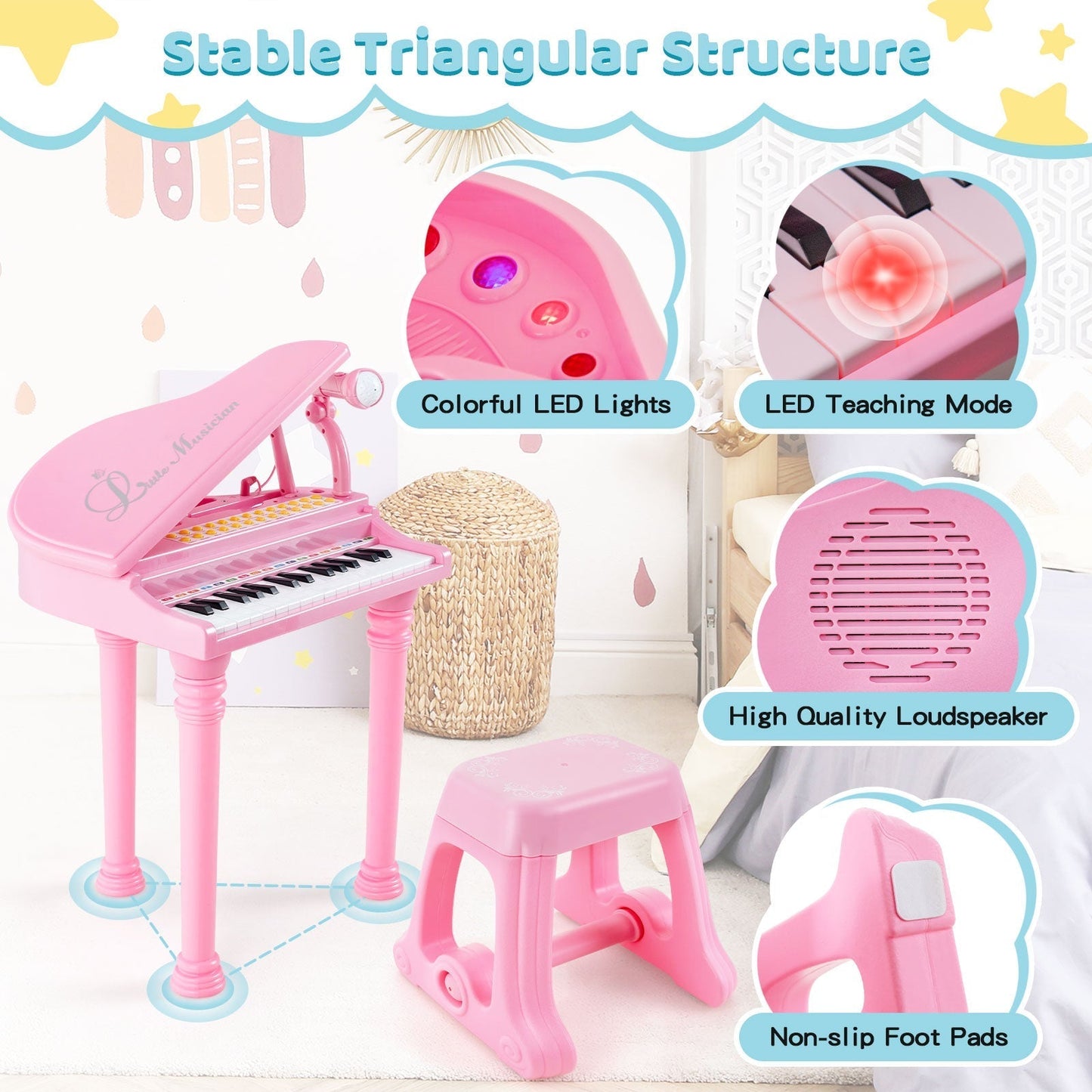 31 Keys Kids Piano Keyboard with Stool, Microphone and Piano Lid-Pink