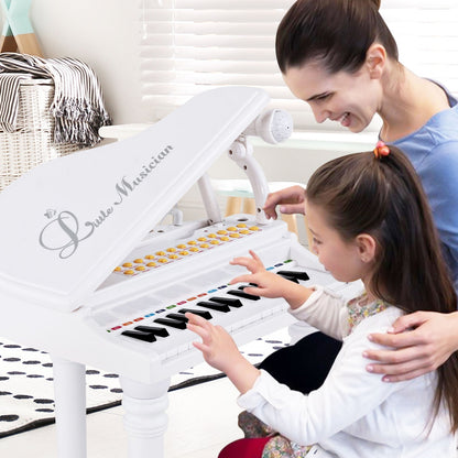 31 Keys Kids Piano Keyboard with Stool, Microphone and Piano Lid-White
