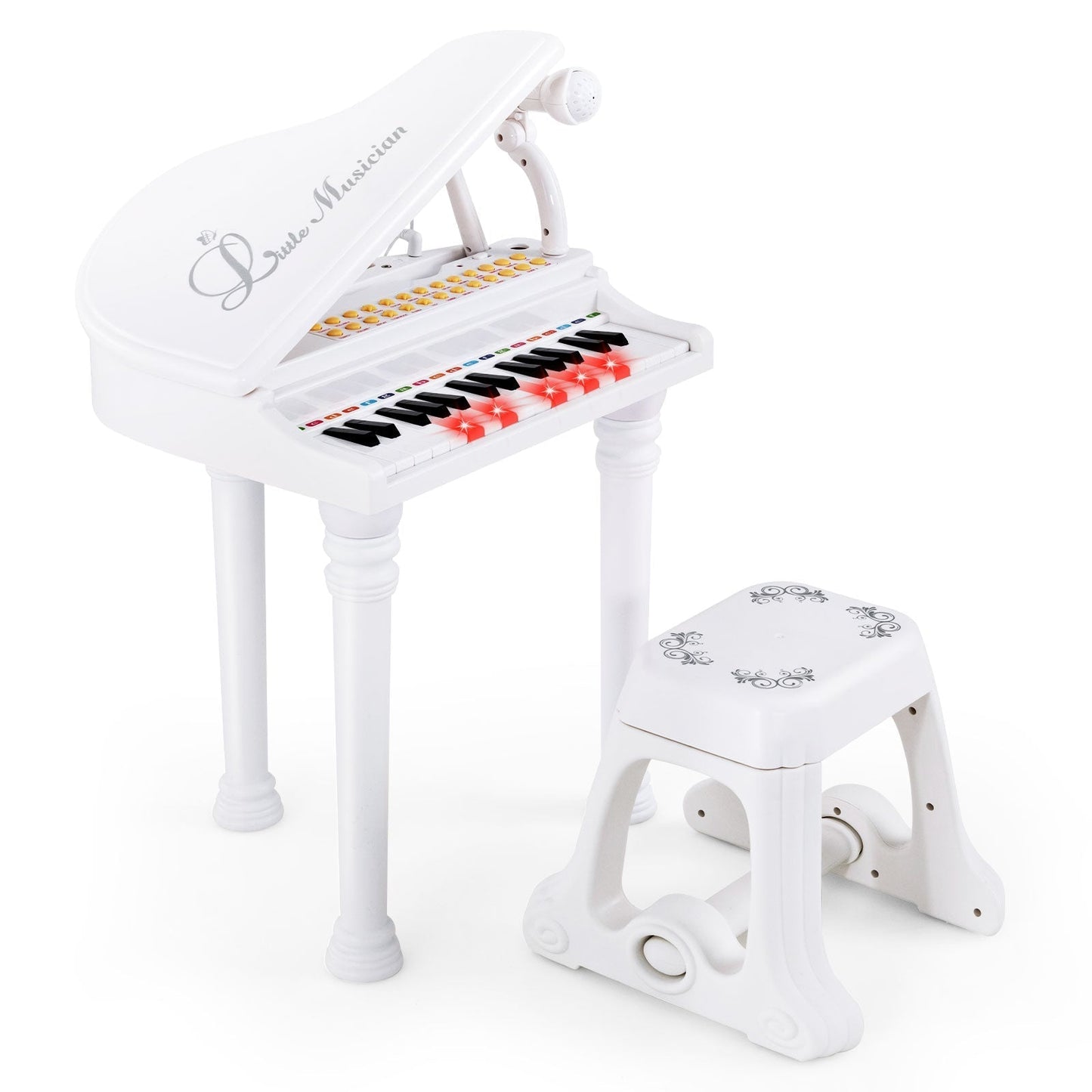 31 Keys Kids Piano Keyboard with Stool, Microphone and Piano Lid-White