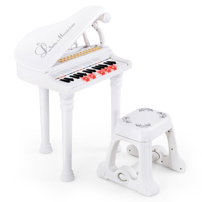 31 Keys Kids Piano Keyboard with Stool, Microphone and Piano Lid-White