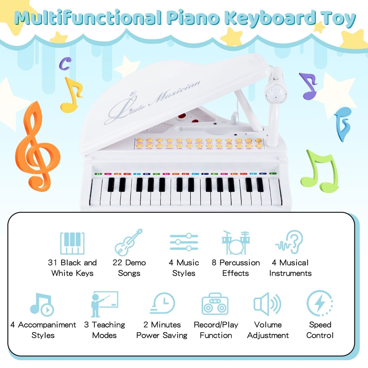 31 Keys Kids Piano Keyboard with Stool, Microphone and Piano Lid-White