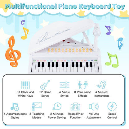 31 Keys Kids Piano Keyboard with Stool, Microphone and Piano Lid-White