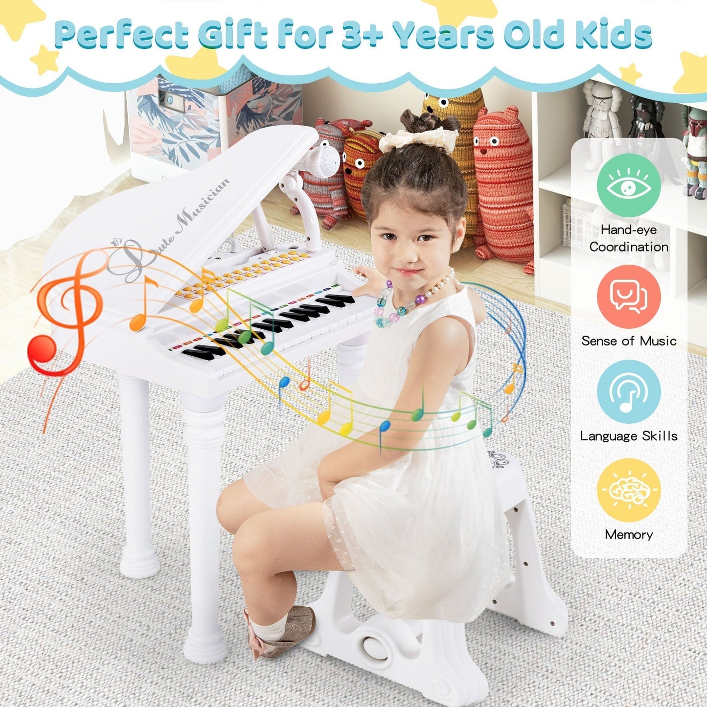 31 Keys Kids Piano Keyboard with Stool, Microphone and Piano Lid-White