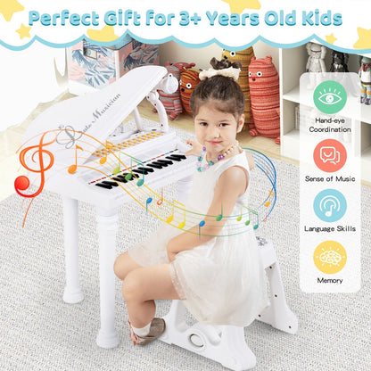 31 Keys Kids Piano Keyboard with Stool, Microphone and Piano Lid-White