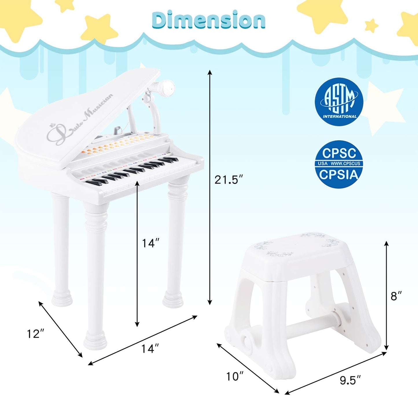 31 Keys Kids Piano Keyboard with Stool, Microphone and Piano Lid-White