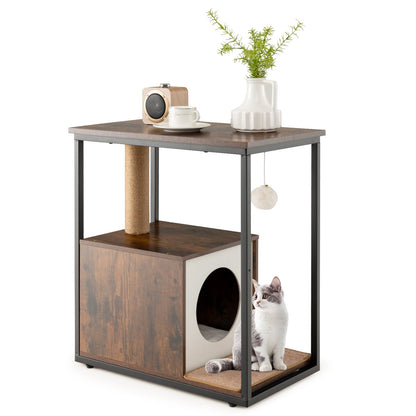 Cat Furniture End Table Cat House with Scratching Post-Rustic Brown