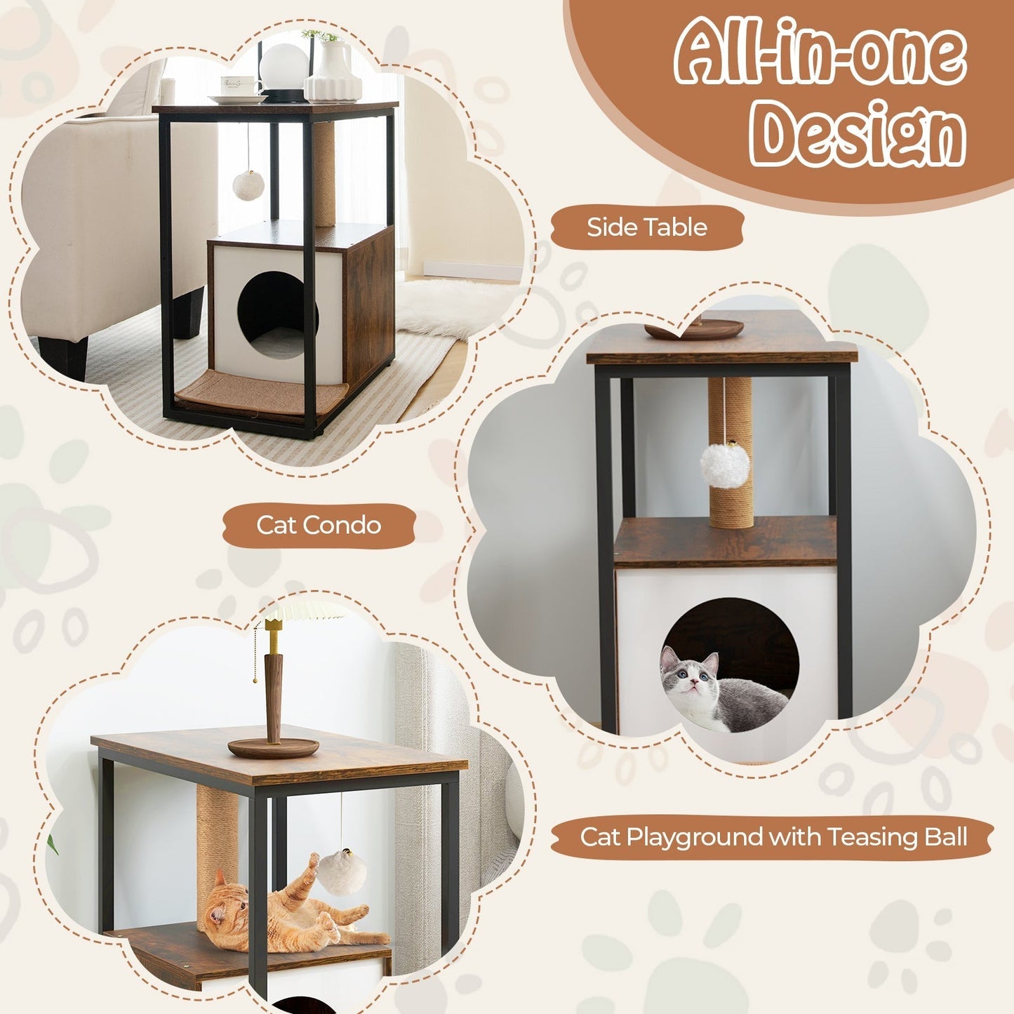 Cat Furniture End Table Cat House with Scratching Post-Rustic Brown