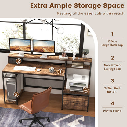 170 CM Computer Desk with Monitor Stand and File Drawer-Rustic Brown