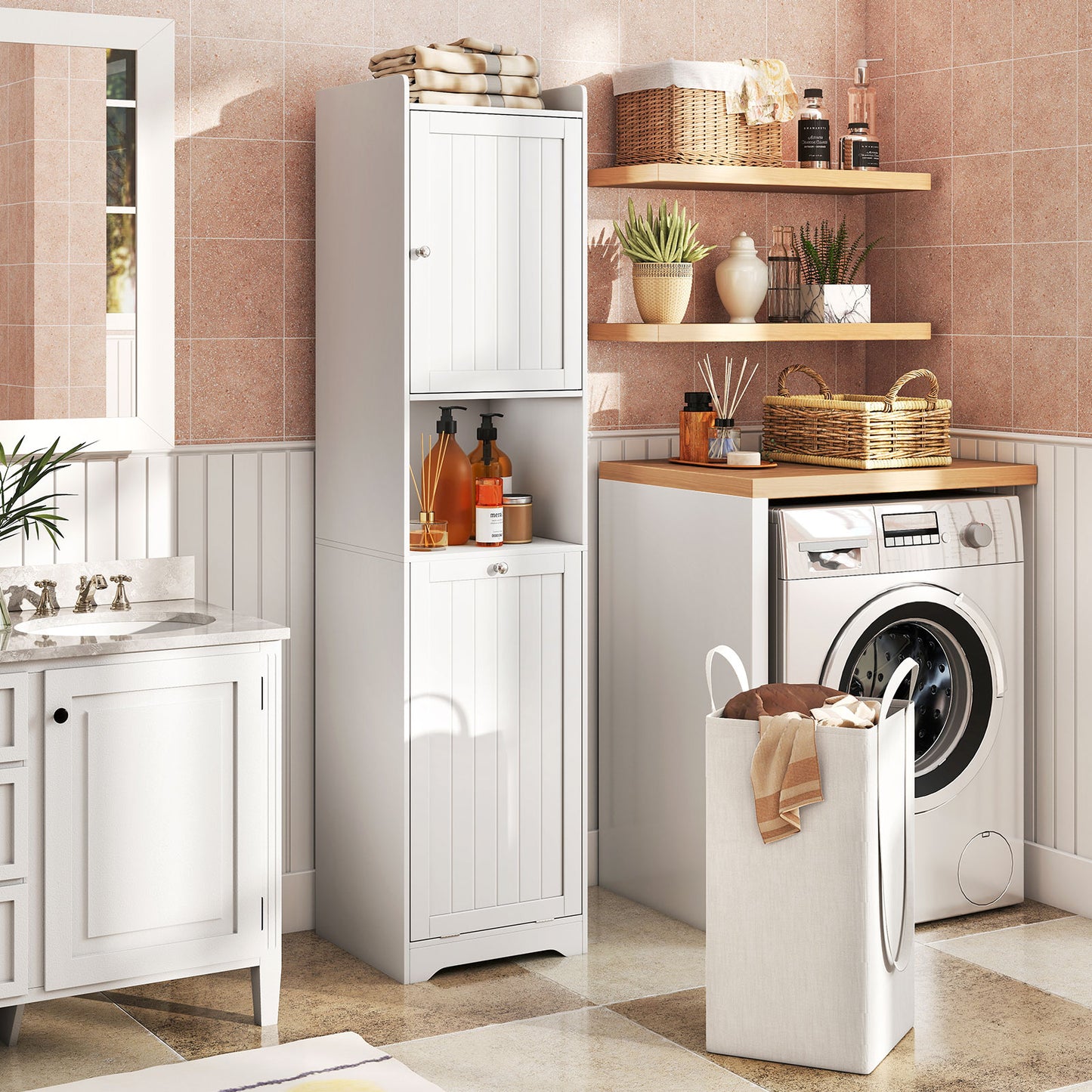 170 CM Bathroom Cabinet Tall and Slim Linen Tower with Storage-White