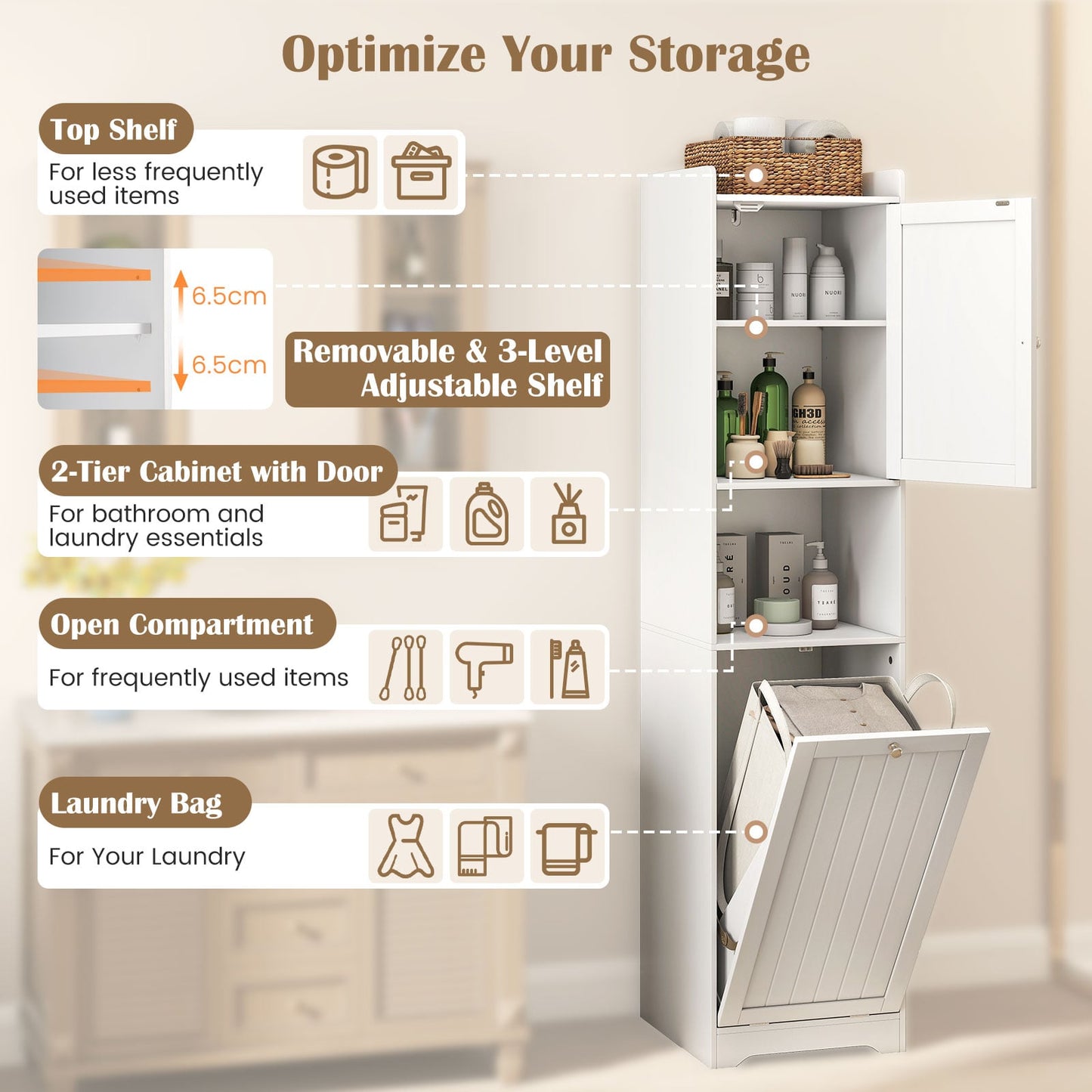 170 CM Bathroom Cabinet Tall and Slim Linen Tower with Storage-White