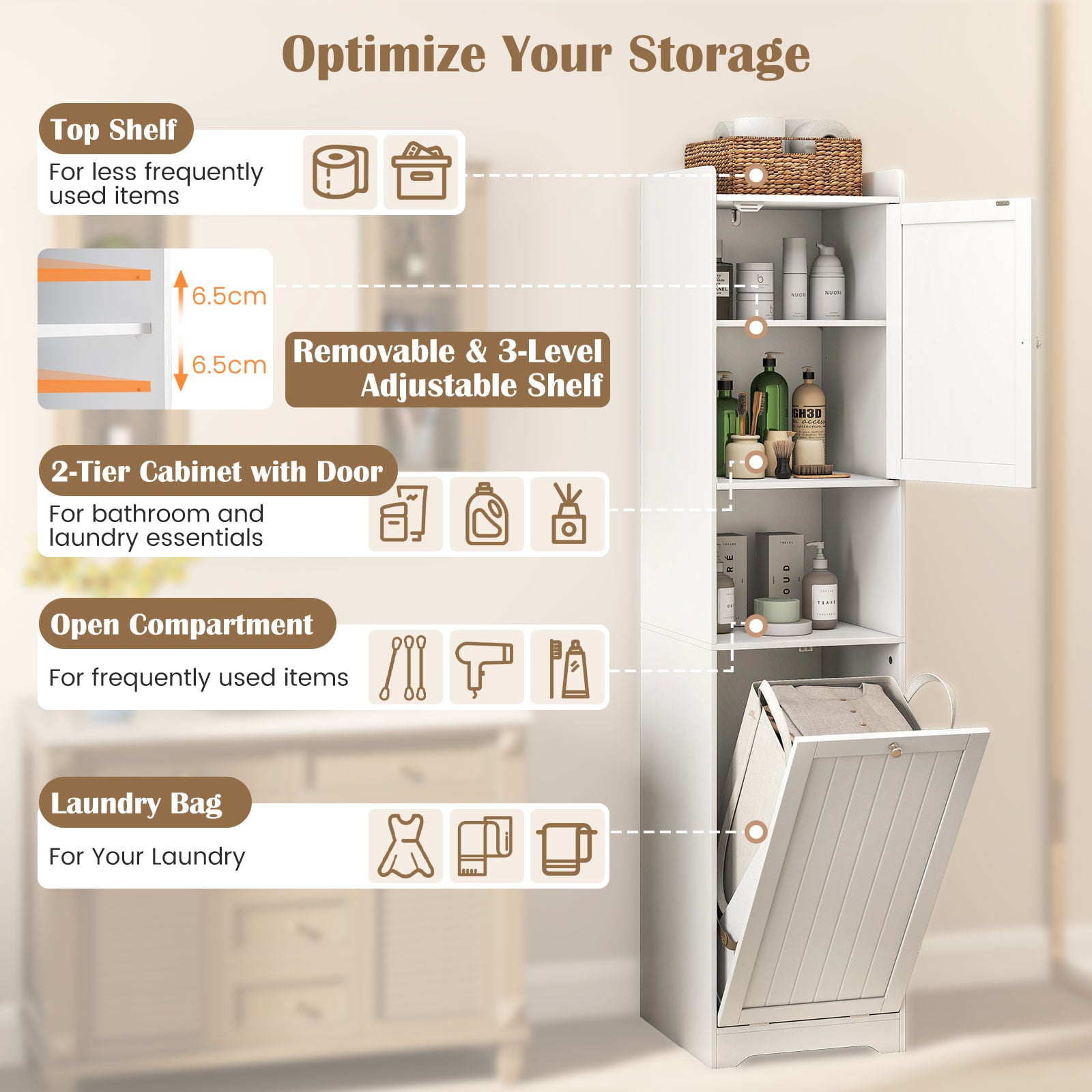 170 CM Bathroom Cabinet Tall and Slim Linen Tower with Storage-White