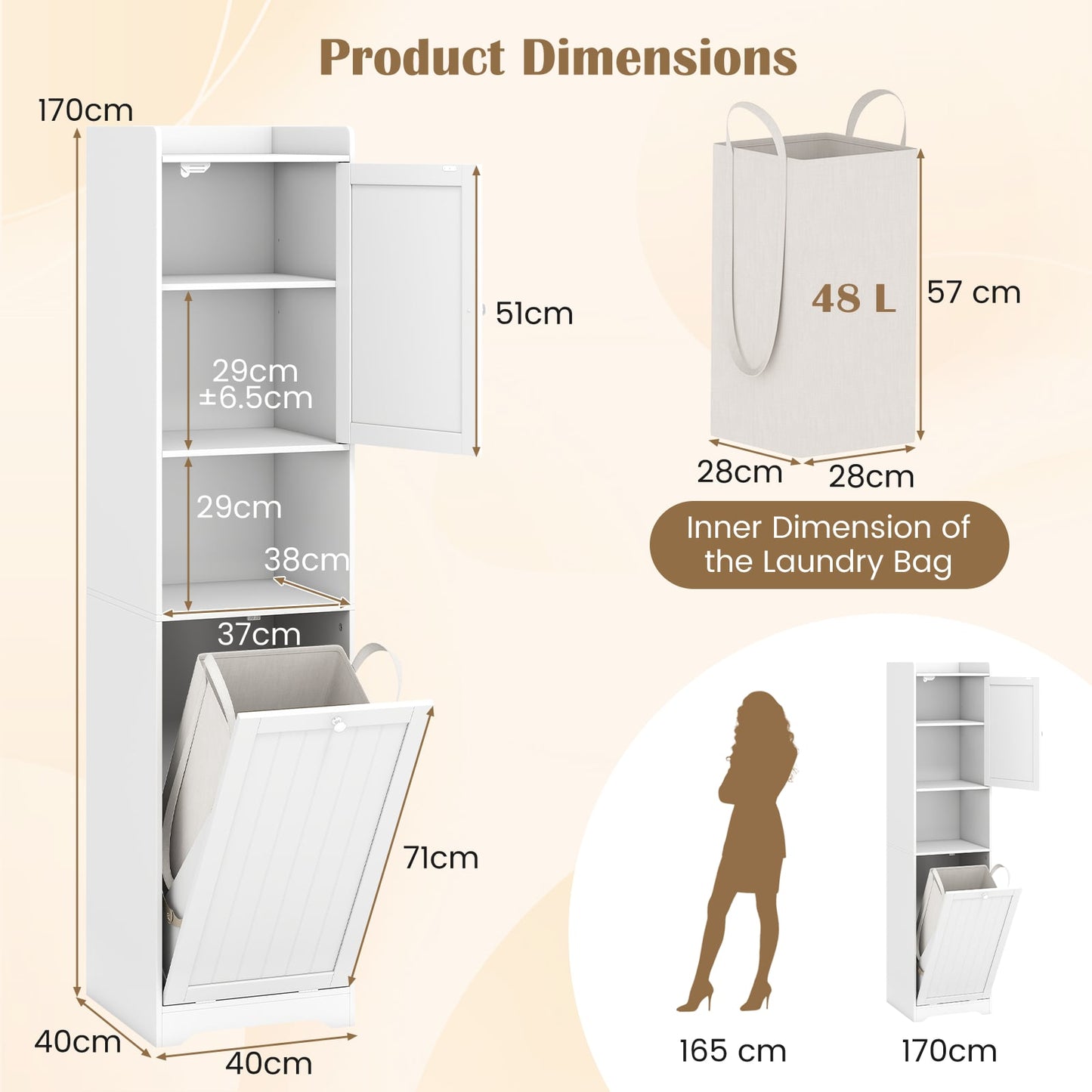 170 CM Bathroom Cabinet Tall and Slim Linen Tower with Storage-White