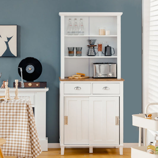 170 CM Freestanding Buffet with Hutch and Adjustable Shelves-White