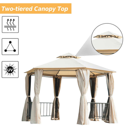 Outsunny Hexagon Gazebo Patio Canopy Party Tent Outdoor Garden Shelter w/ 2 Tier Roof & Side Panel - Beige