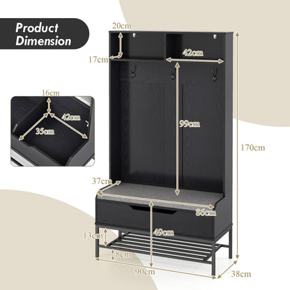 4-in-1 Coat Rack with Seat Cushion and Open Compartments-Black