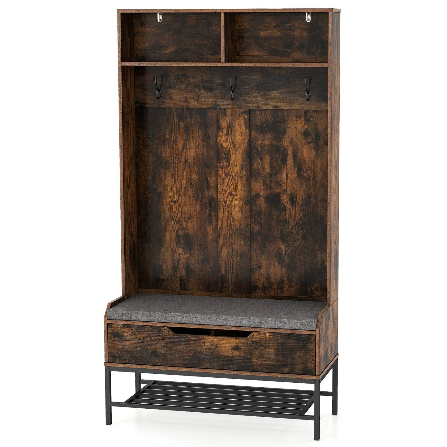 4-in-1 Coat Rack with Seat Cushion and Open Compartments-Rustic Brown