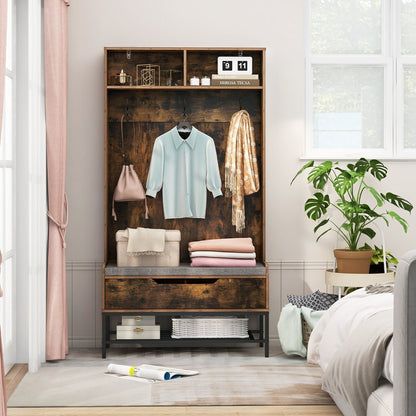 4-in-1 Coat Rack with Seat Cushion and Open Compartments-Rustic Brown