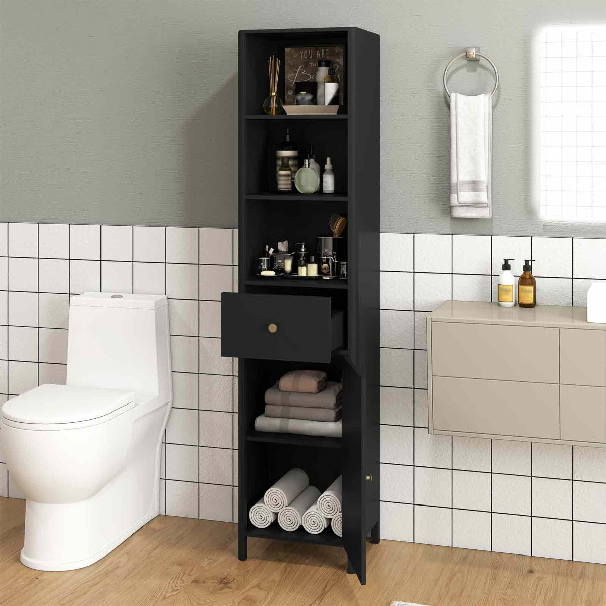 170cm Tall Bathroom Cabinet with Fluted Door and 1 Drawer 3 Open Shelves-Black