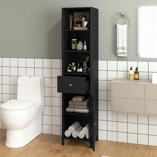 170cm Tall Bathroom Cabinet with Fluted Door and 1 Drawer 3 Open Shelves-Black