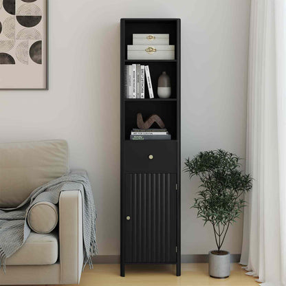 170cm Tall Bathroom Cabinet with Fluted Door and 1 Drawer 3 Open Shelves-Black