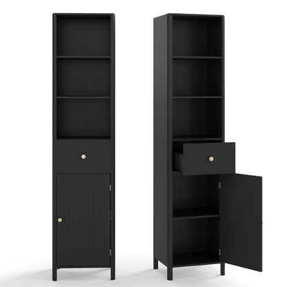 170cm Tall Bathroom Cabinet with Fluted Door and 1 Drawer 3 Open Shelves-Black