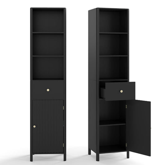 170cm Tall Bathroom Cabinet with Fluted Door and 1 Drawer 3 Open Shelves-Black