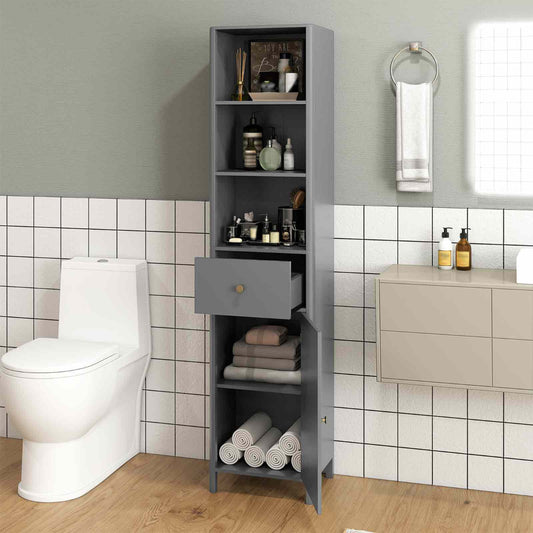 170cm Tall Bathroom Cabinet with Fluted Door and 1 Drawer 3 Open Shelves-Grey