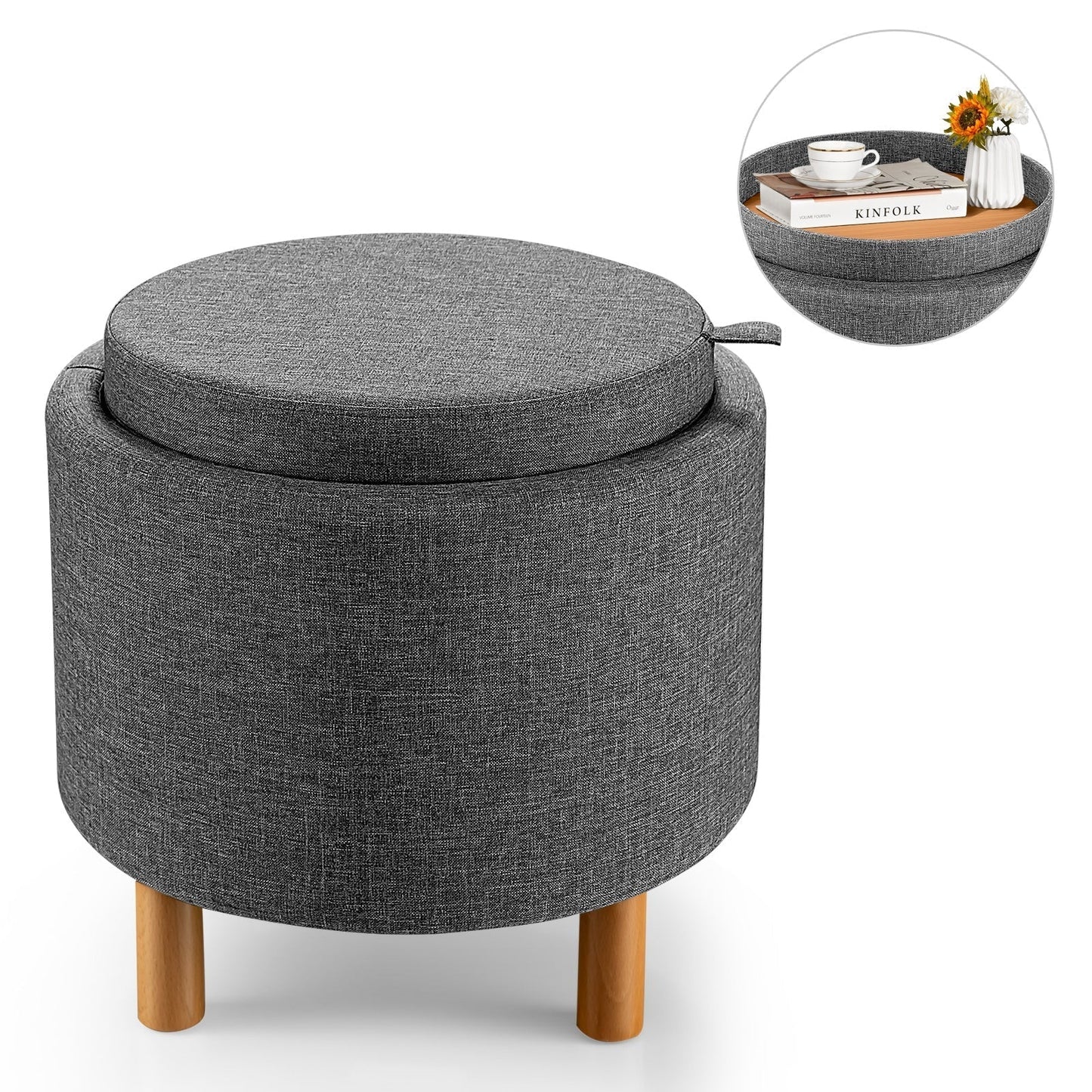 Modern Round Padded Storage Ottoman with Hidden Storage Space-Grey