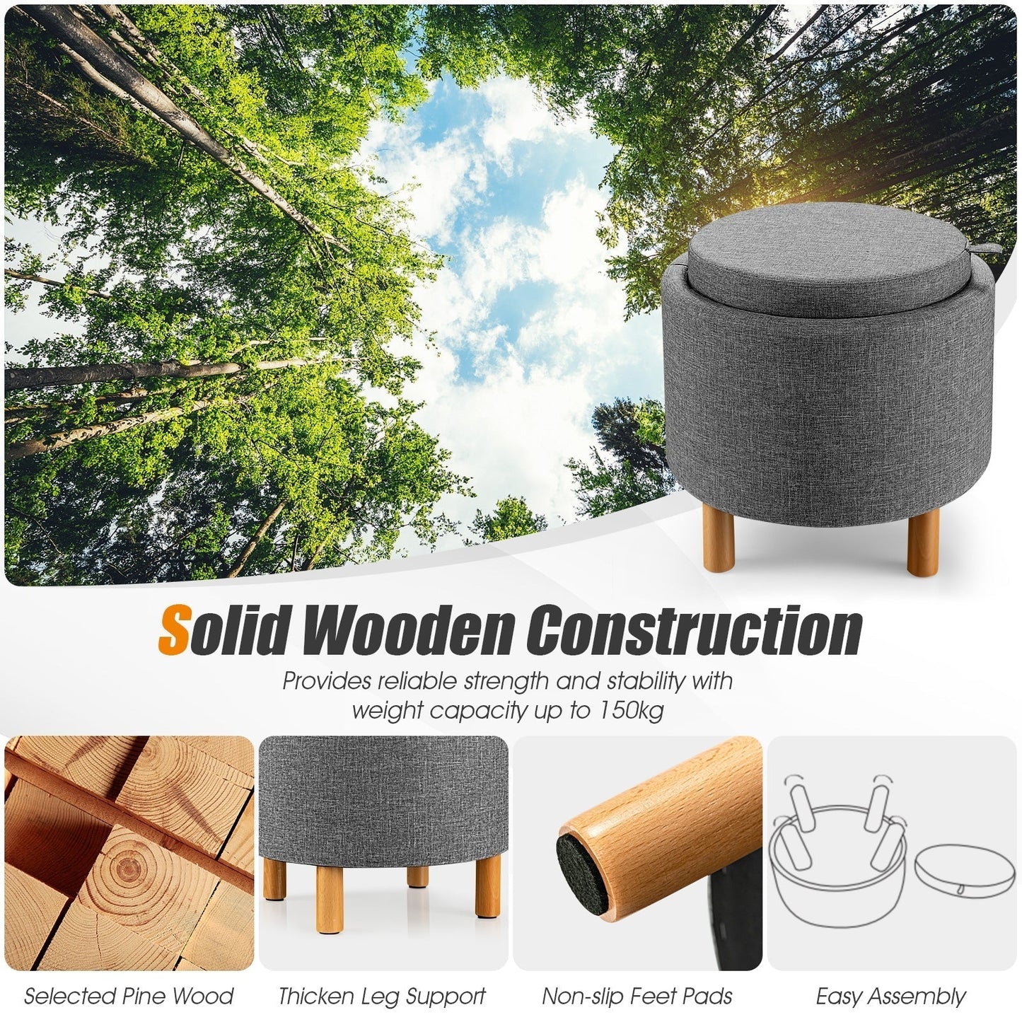 Modern Round Padded Storage Ottoman with Hidden Storage Space-Grey