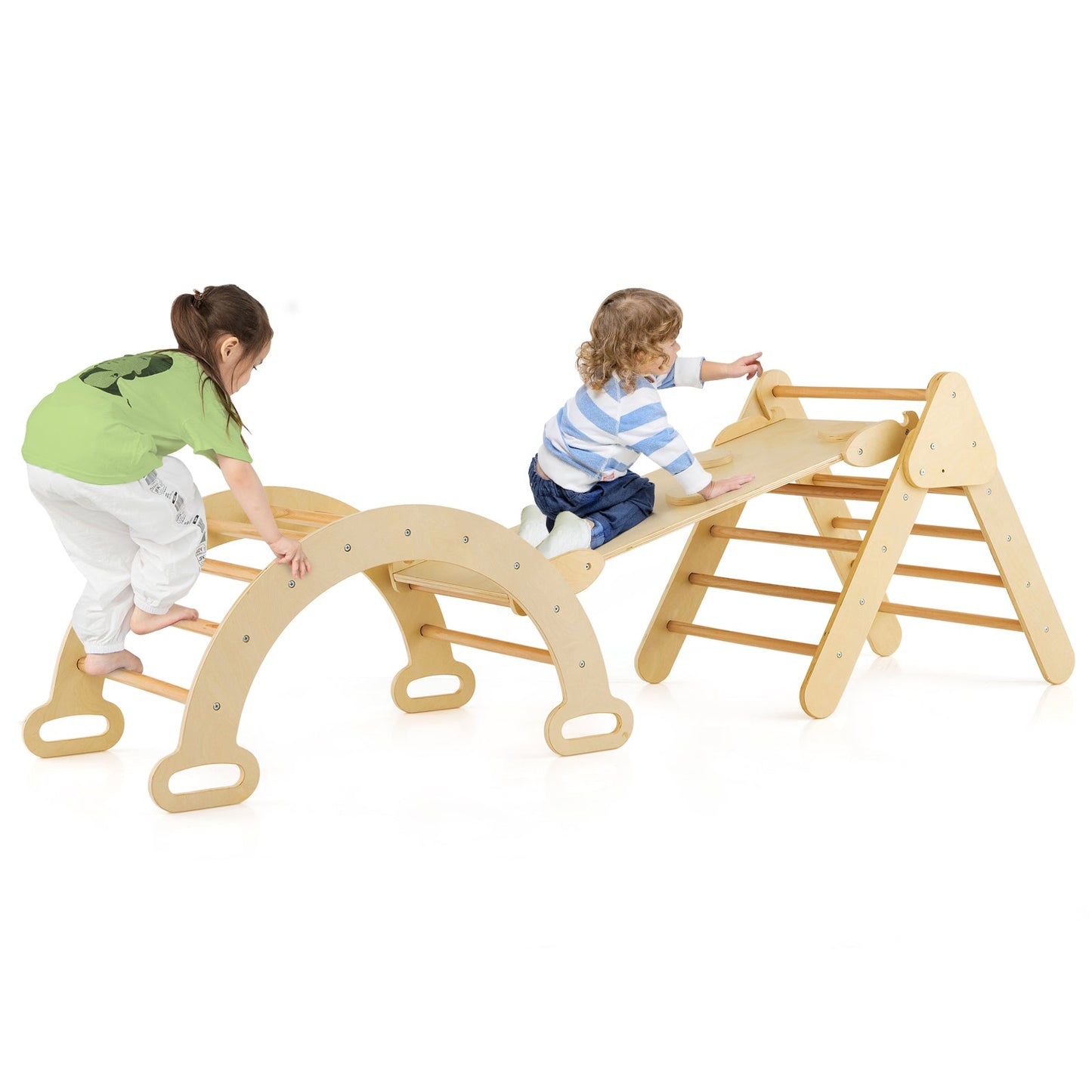 Wooden Kids Climber Toys with Triangle Arch Ramp for Sliding Climbing-Natural