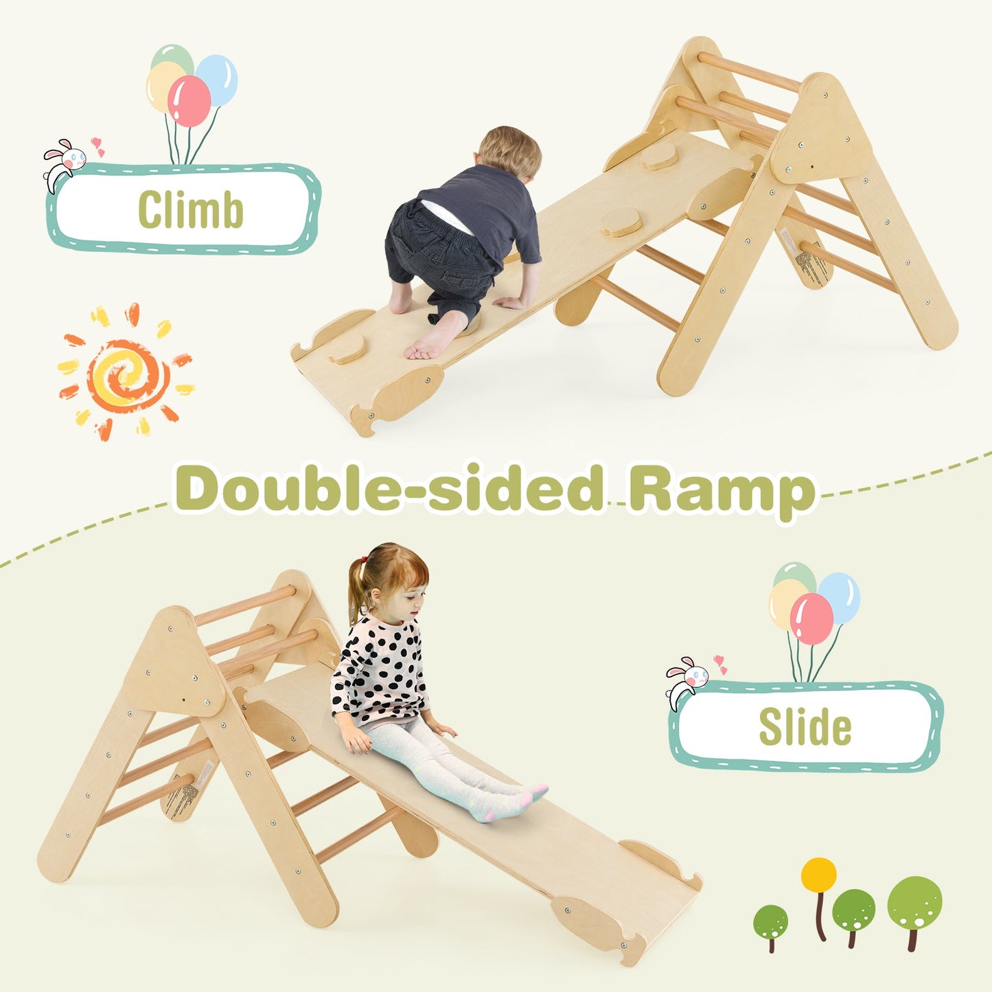 Wooden Kids Climber Toys with Triangle Arch Ramp for Sliding Climbing-Natural
