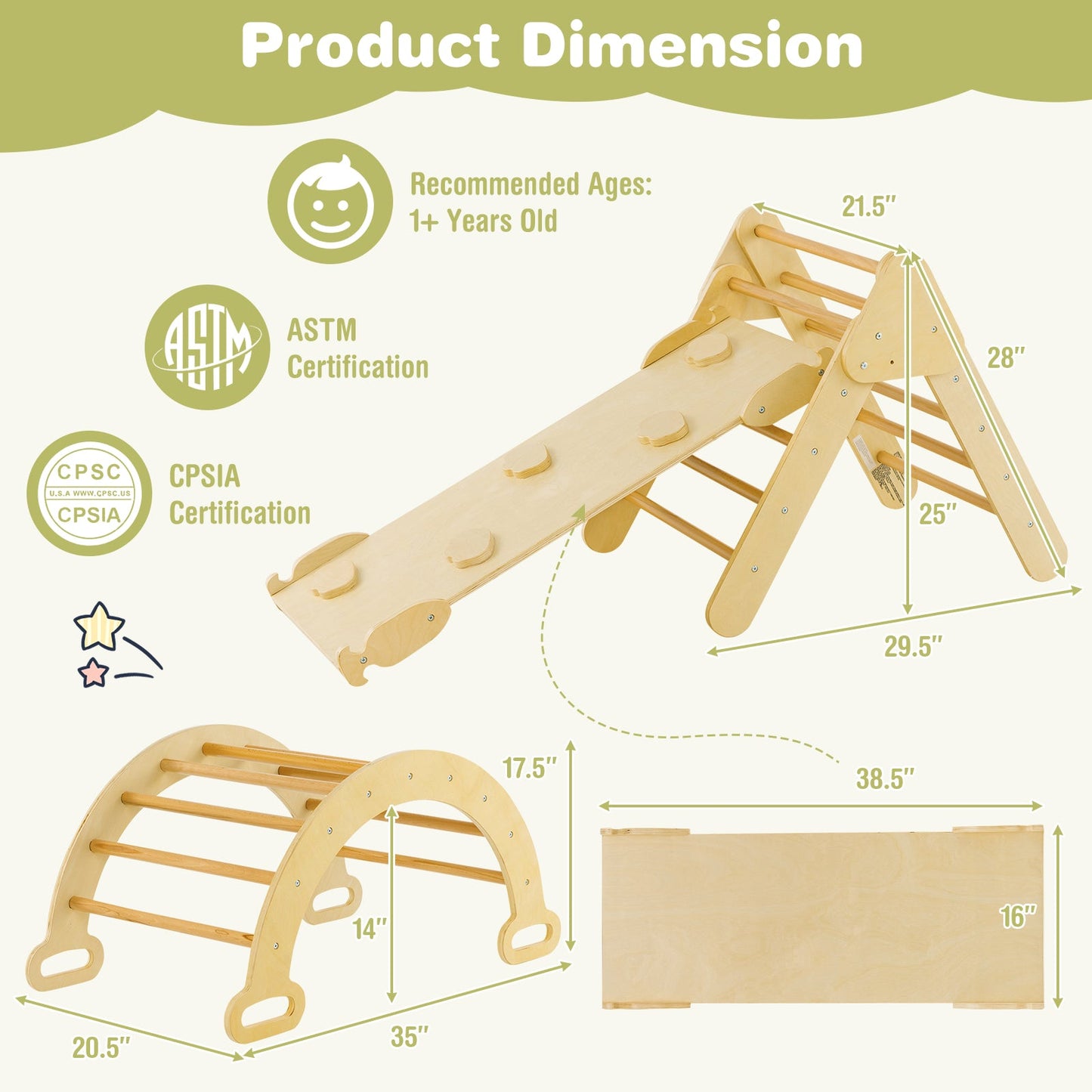 Wooden Kids Climber Toys with Triangle Arch Ramp for Sliding Climbing-Natural