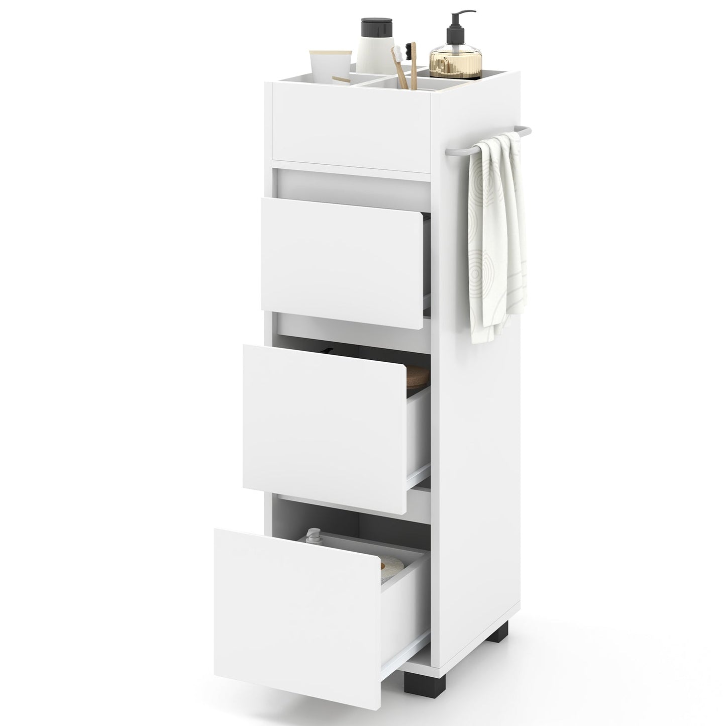 Bathroom Floor Cabinet with 3 Drawers, 4 Top Dividers and 1 Towel Rack-White