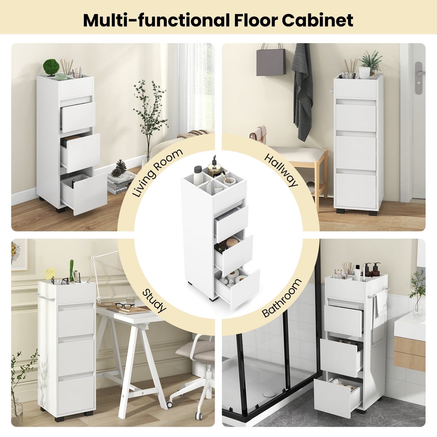 Bathroom Floor Cabinet with 3 Drawers, 4 Top Dividers and 1 Towel Rack-White
