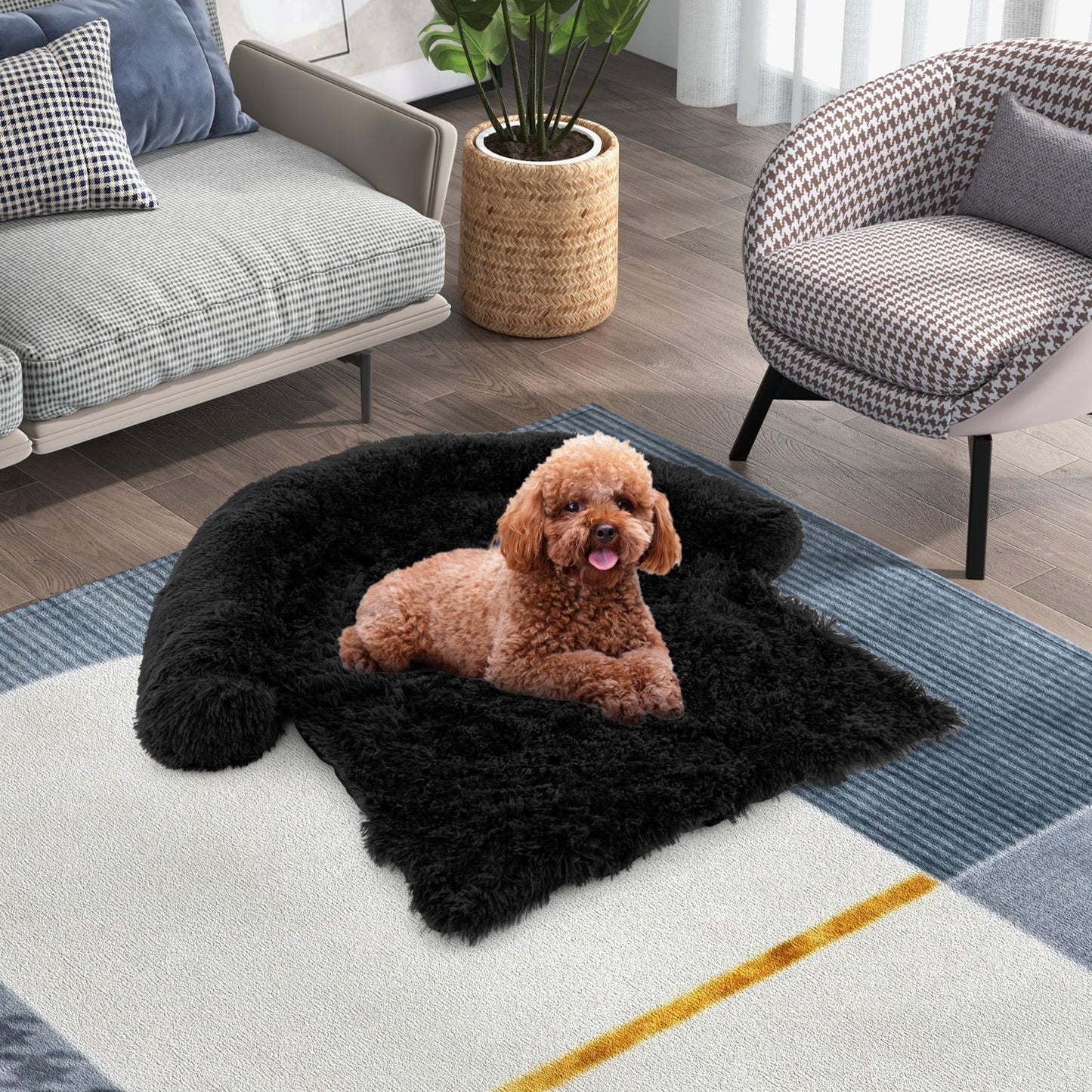 Fluffy Dog Mat Couch Cover Protector with Detachable Washable Cover and Anti-slip Bottom-Black-S