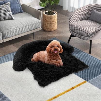 Fluffy Dog Mat Couch Cover Protector with Detachable Washable Cover and Anti-slip Bottom-Black-S