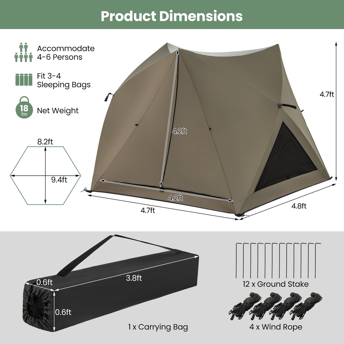 6-Sided Pop-up Family Tent with Rainfly, Skylight, 3 Doors, 3 Windows-Green