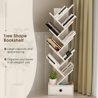 10-Tier Tree Bookshelf with Drawer and Anti-Tipping Kit-Beige