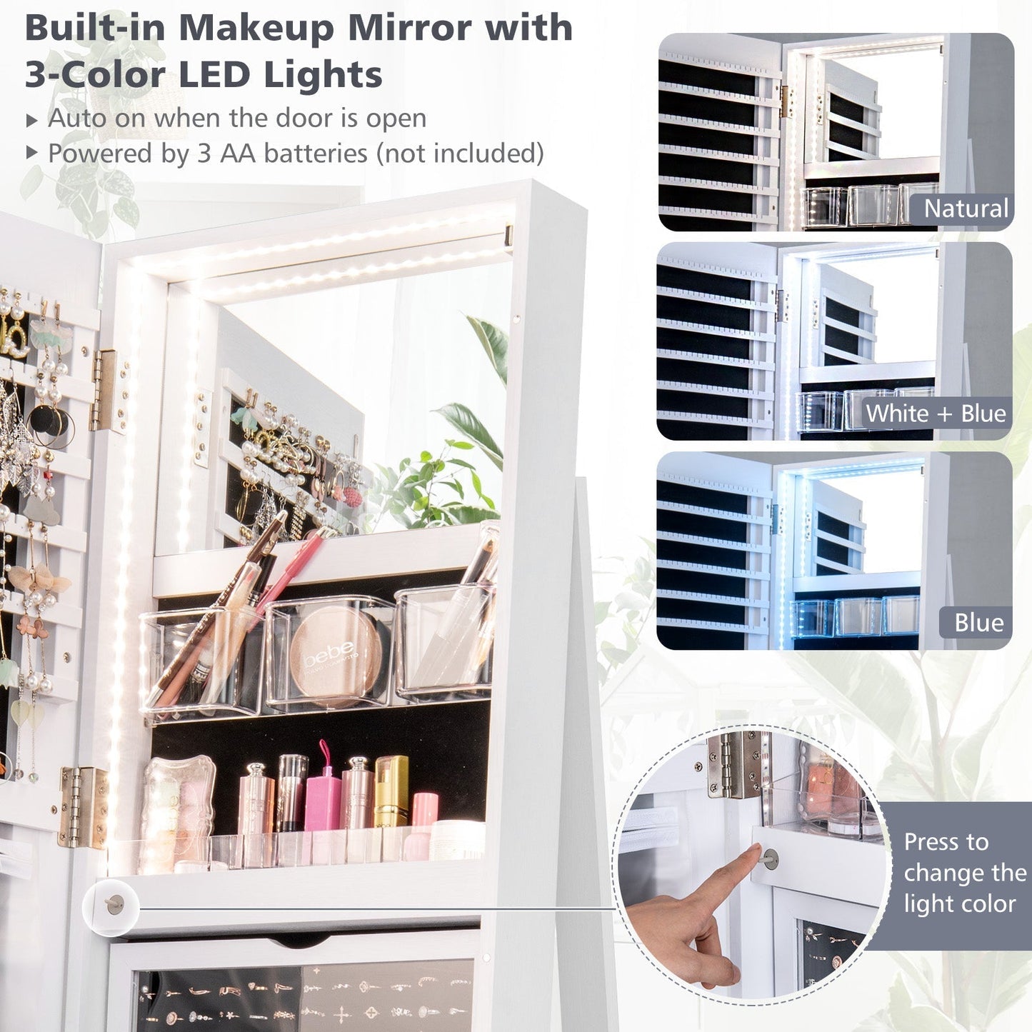 161CM (H) Jewelry Armoire with 360° Swivel Full Length Mirror & LED lights