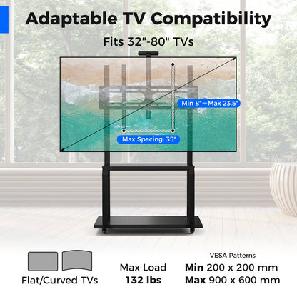 Mobile TV Stand with Camera Shelf and AV Shelves for 32-80 Inch Flat/Curved TVs