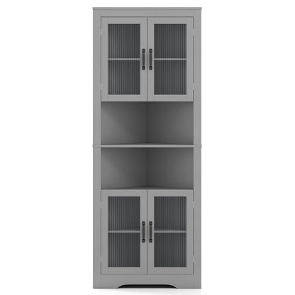 171cm Tall Space-saving Corner Cabinet with 4 Tempered Glass Doors and Adjustable Shelves-Grey